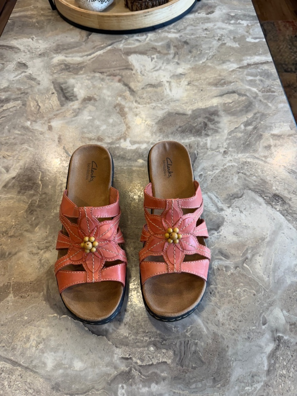 Clarks Lexie, Myrtle, coral, leather floral, slide sandals